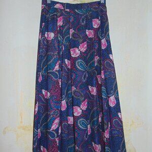 Vintage Cory Mitchell Pleated Maxi Skirt Black Purple Paisley Pink Floral 8